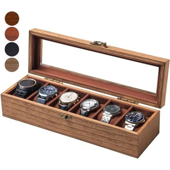 Wood Watch Box Display Case 6 Slot Glass Lid Storage Organizer for Men Women - Picture 1 of 7